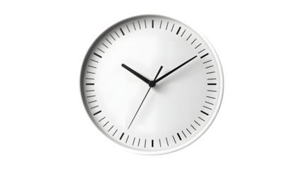 Sleek white wall clock with simple black hands and a minimalist design, ideal for modern interiors. Isolated on transparent background