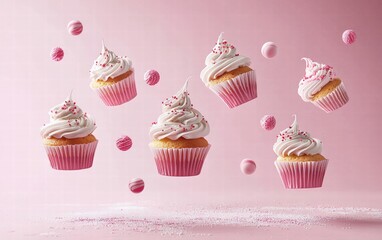 Cupcakes levitating with swirling icing and edible decorations floating