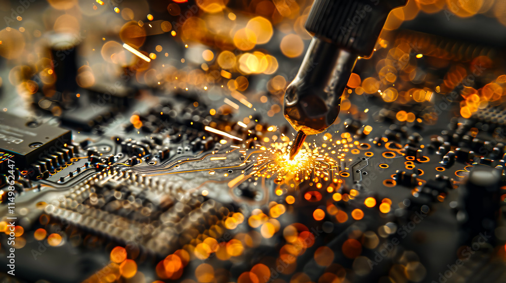 Poster close-up of a soldering iron working on intricate details of a circuit, emphasizing precision and te