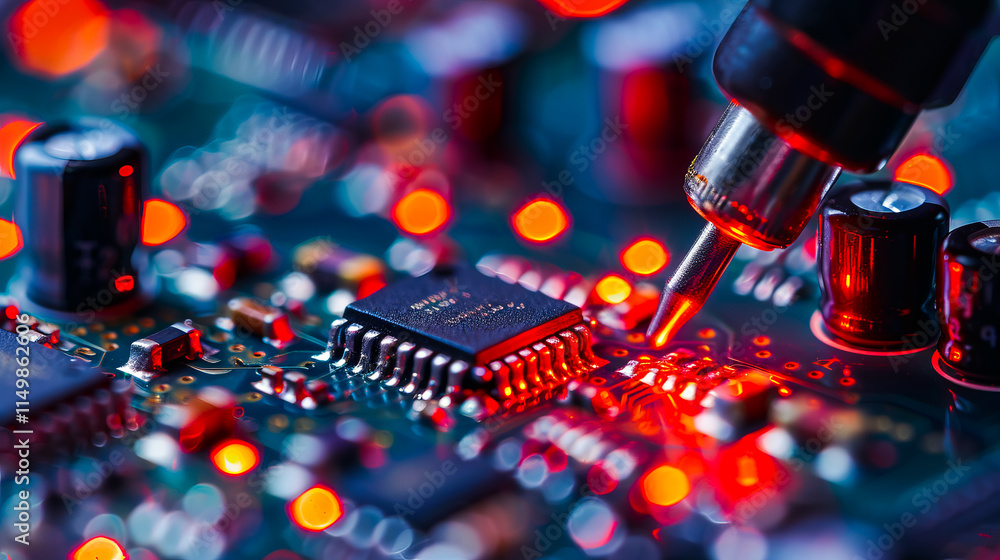 Poster close-up of a soldering iron precisely soldering electronic components on a circuit board, showcasin