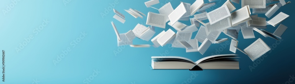 Poster an open book with flying pages against a blue background conveying the concept of knowledge and imag