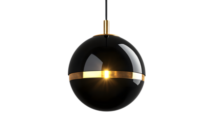 Stylish black and gold globe pendant light emitting a warm glow, perfect for luxurious interior settings. Isolated on transparent background