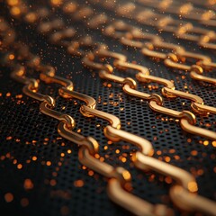 A close-up of shiny golden chains against a dark, textured background, with sparks creating a dynamic and captivating visual effect.