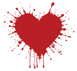 Red Heart Paint Splatter Design on White Background. Red splatter heart shape with dripping paint clipping path