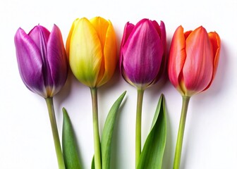Fototapeta premium Vibrant Colorful Tulips Bouquet Isolated on White Background - Spring Flowers Minimalist Photography