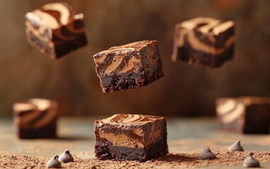 Floating chocolate brownies with a fudge swirl elegantly suspended