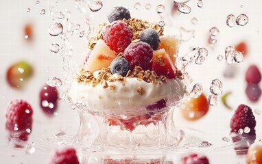 Floating fruits and yogurt parfait with granola elegantly frozen
