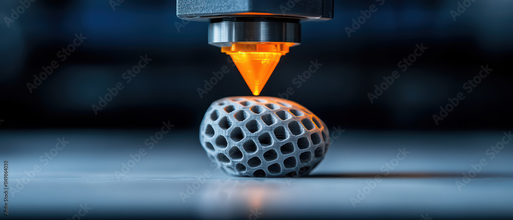Poster close up of dynamic 3d printer creating detailed object with precision. printer nozzle emits orange 