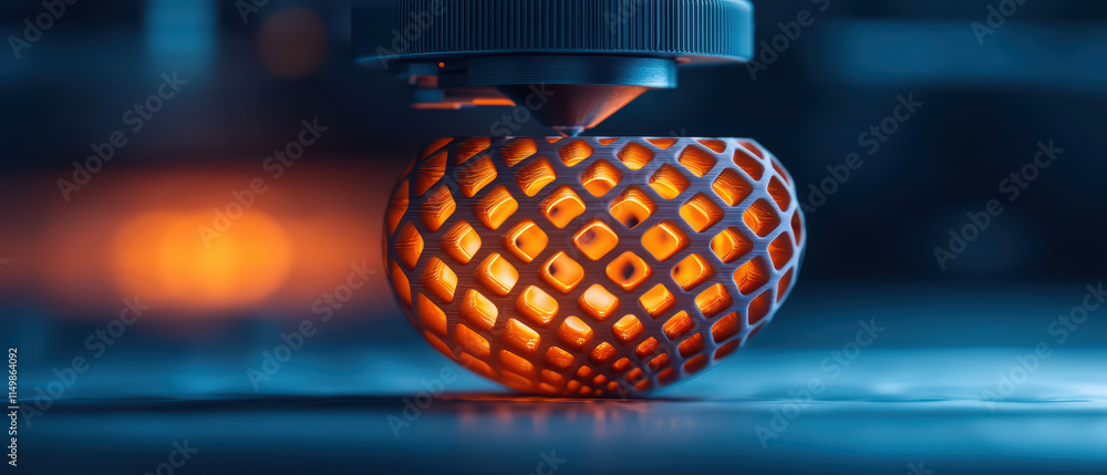 Poster close up of dynamic 3d printer creating intricate orange object, showcasing advanced technology and 