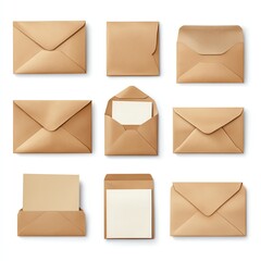 Set of nine brown paper envelopes isolated on white background.