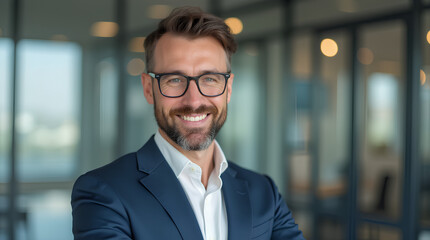 Fototapeta premium portrait of successful businessman consultant looking at camera and smiling inside modern office building