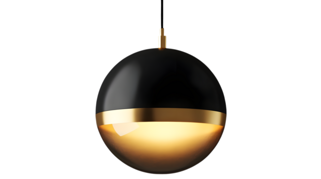 Stylish black and gold globe pendant light emitting a warm glow, perfect for luxurious interior settings. Isolated on transparent background