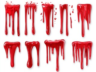 Set of realistic dripping red blood isolated on white background.