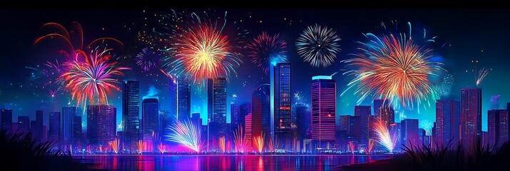 Breathtaking Fireworks Exploding Over a Modern City Skyline for 2025