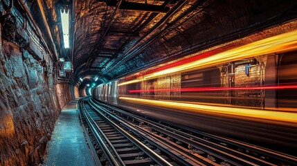 train speeding through a dimly lit underground tunnel, its motion creating a mesmerizing blur of...