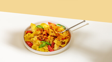 Tagliatelle or pappardelle pasta with tomato sauce, basil and parmesan cheese in a plate with fork on a yellow and white background