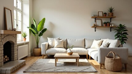 Serene Living Room Interior Design with Neutral Tones and Natural Elements