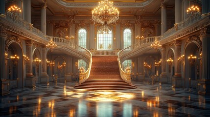 Obraz premium Grand palace, opulent staircase, golden details.