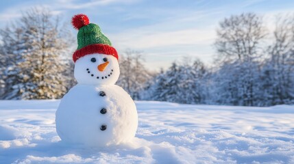 Obraz premium A friendly snowman with a classic green and red Christmas hat, set against a backdrop of snowy trees and a soft blue winter sky.