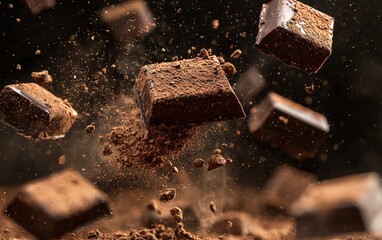Levitating chocolate bars breaking apart with cocoa dust floating