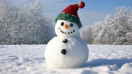 Obraz premium A friendly snowman with a classic green and red Christmas hat, set against a backdrop of snowy trees and a soft blue winter sky.