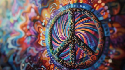 A psychedelic peace sign on a colorful background.