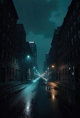 A dark empty city street at night with skyscrapers on either side and moody lighting captured in hyper-realistic photography.