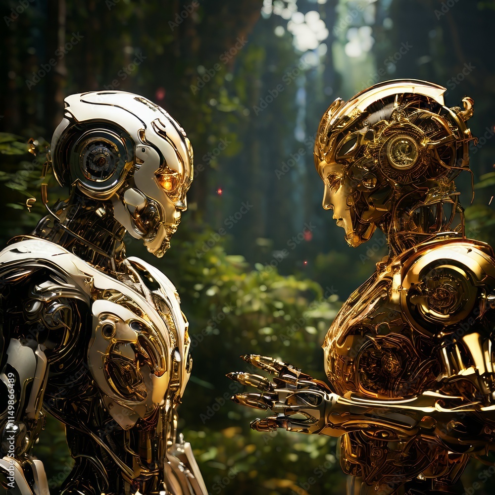 Poster two intricately designed humanoid robots engage in a peaceful interaction in the midst of a vibrant 