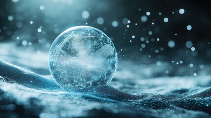Frozen globe on snowy surface with bokeh lights.