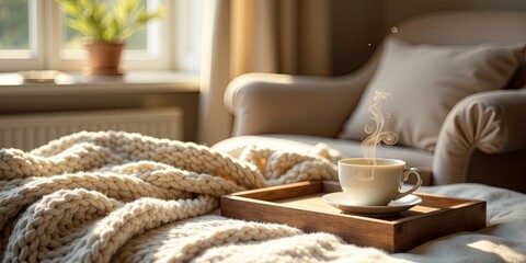 Warmth and Tranquility A Cozy Scene with Steam Rising from a Mug on a Wooden Tray Nestled in a Knit Blanket
