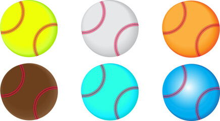Obraz premium Baseball ball set of six with green yellow white orange brown sky blue and blue isolated on transparent white background