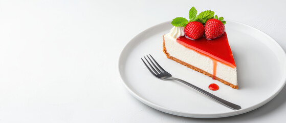 Creamy cheesecake slice topped with fresh strawberries and mint leaves, served on white plate