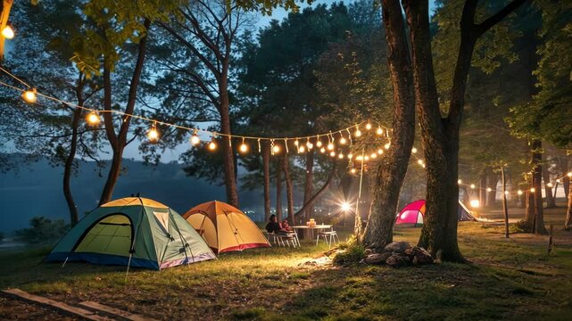 Woodland clearing with tents providing shade featuring solar lights illuminating the evening festivities.