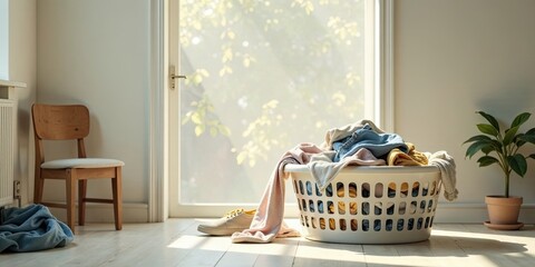 Sunlit Laundry Basket Overflowing with Clean Clothes and a Single Shoe Beside a Simple Wooden Chair