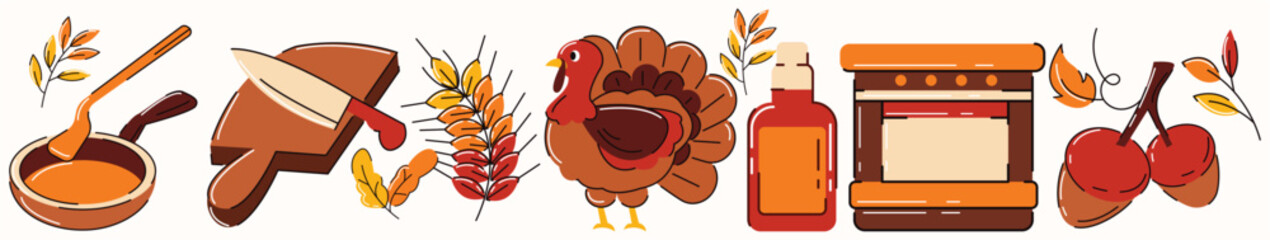 ThanksgivingA turkey is shown in the middle of the image. There is a knife next to it, and a bottle of sauce is also present_ADOBE