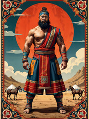 Obraz premium Mongolian warrior in the desert against the background of the sun. Illustration incorporates elaborate designs and symbolic elements emblematic of the Mongolian landscape and traditional Mongolian art