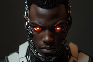 Cybernetic Man: A Futuristic Portrait of a Black Man with Red Glowing Eyes and Metallic Implants