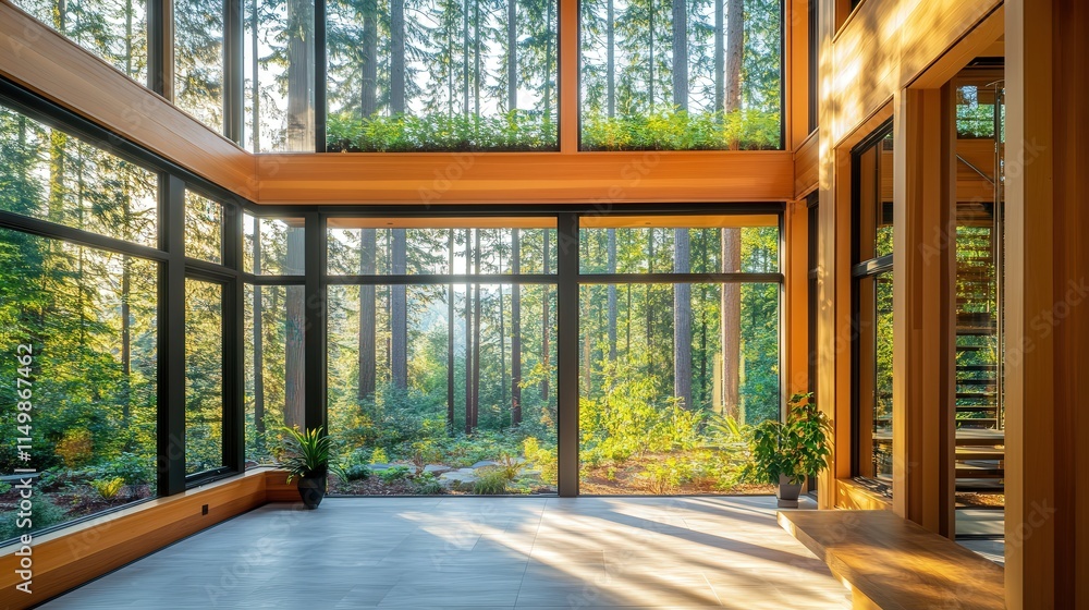 Poster sleek modern residence in the woods, featuring timber architecture and expansive windows that create