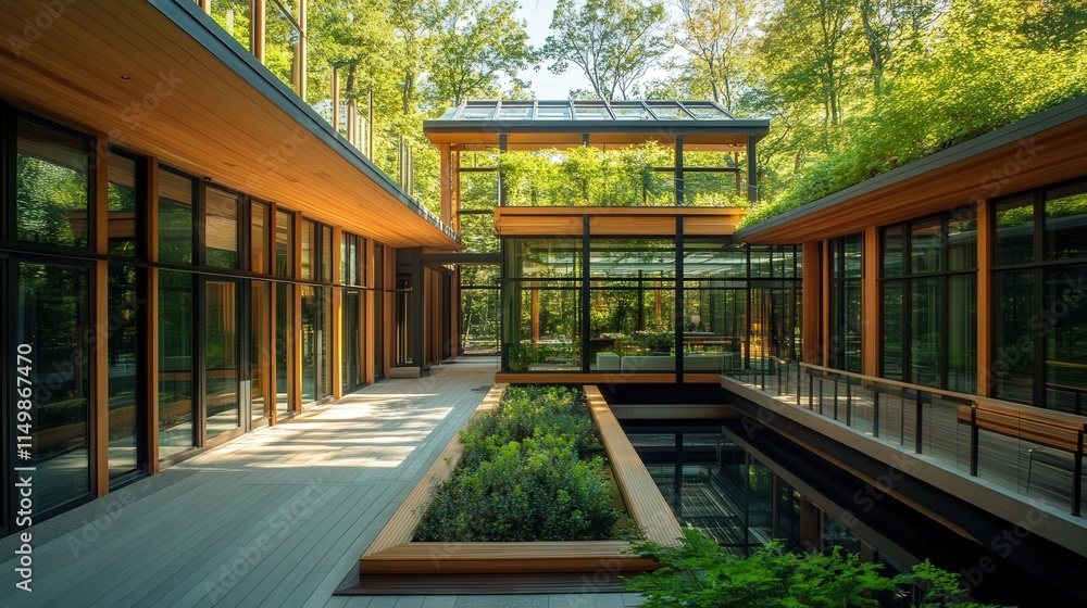 Poster sleek modern residence in the woods, featuring timber architecture and expansive windows that create