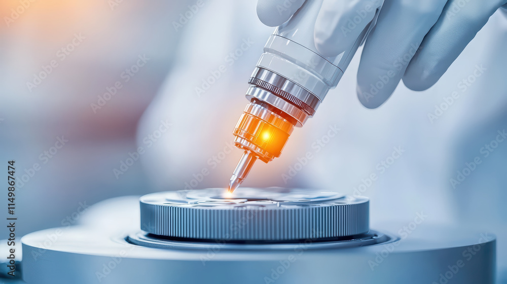 Poster close up of futuristic device being operated with precision, showcasing advanced technology in labor