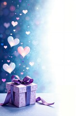 Vertical frame with gift box, on a white table, on a white lilac purple background of hearts, with lilac ribbon, with space for text on the right, banner, postcard.