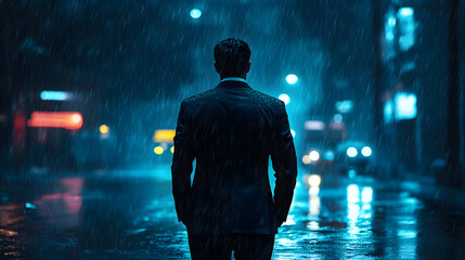 Mysterious figure in rainy night urban street cinematic scene dark environment rear view suspenseful atmosphere