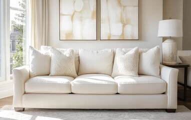Luxurious cream-colored sofa in a bright and airy interior with neutral tones and abstract artwork