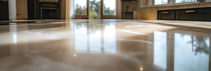Fototapeta premium Polished concrete floor reflecting kitchen and window.