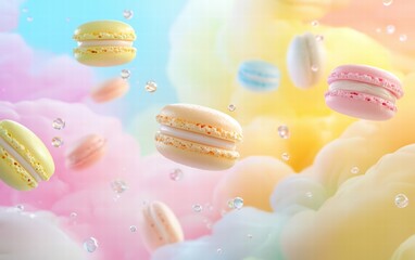 Macarons floating gracefully with colorful pastel backgrounds