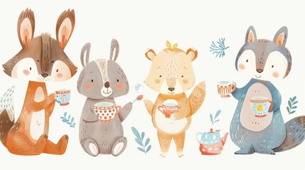 Naklejka premium A cartoon illustration of a fox, squirrel, bear, and raccoon having tea.