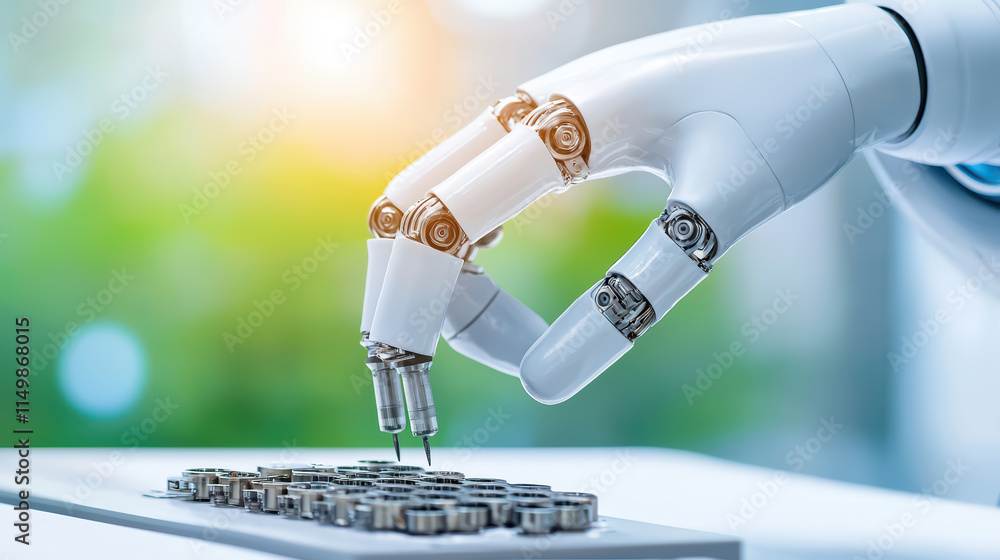 Poster close up of futuristic robotic arm assembling small components with precision and care, showcasing a