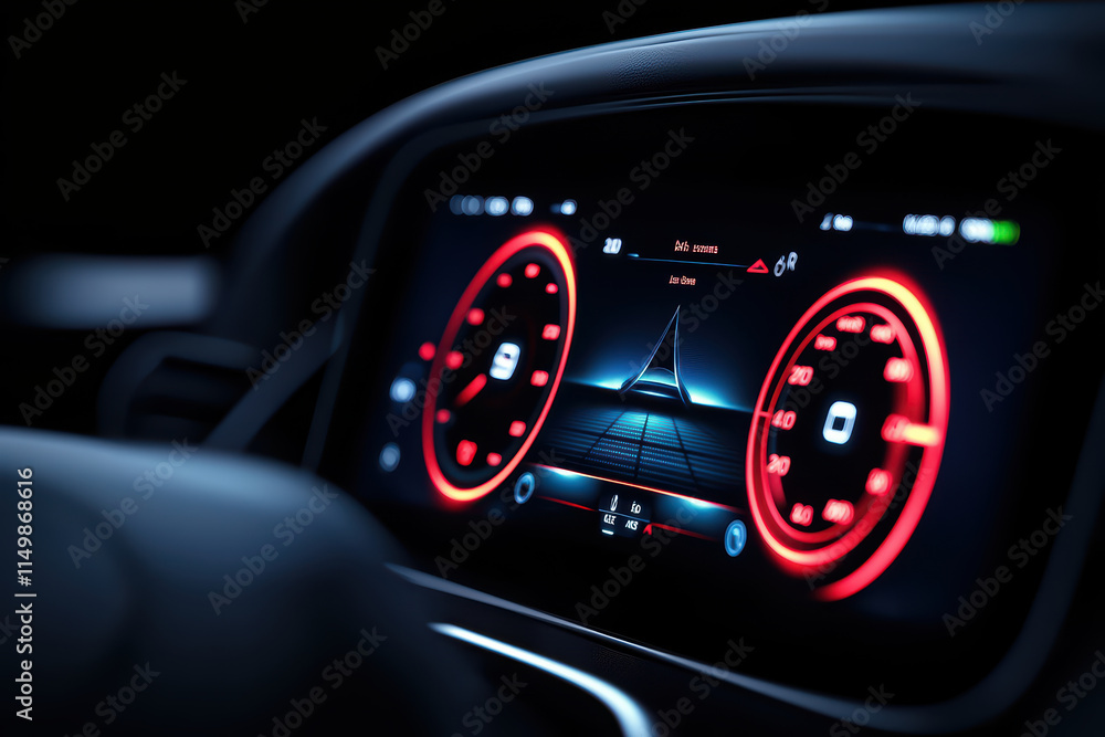 Poster close up of sleek autonomous vehicle dashboard display, showcasing advanced technology and vibrant g