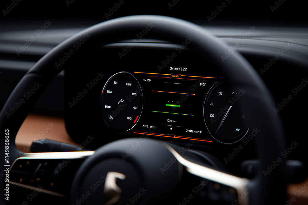 Poster close up of sleek autonomous vehicle dashboard displaying various metrics and controls, showcasing m