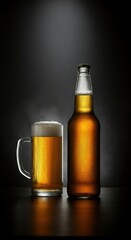 Bottle mockup. Refreshing beer in a glass and bottle against a dark background